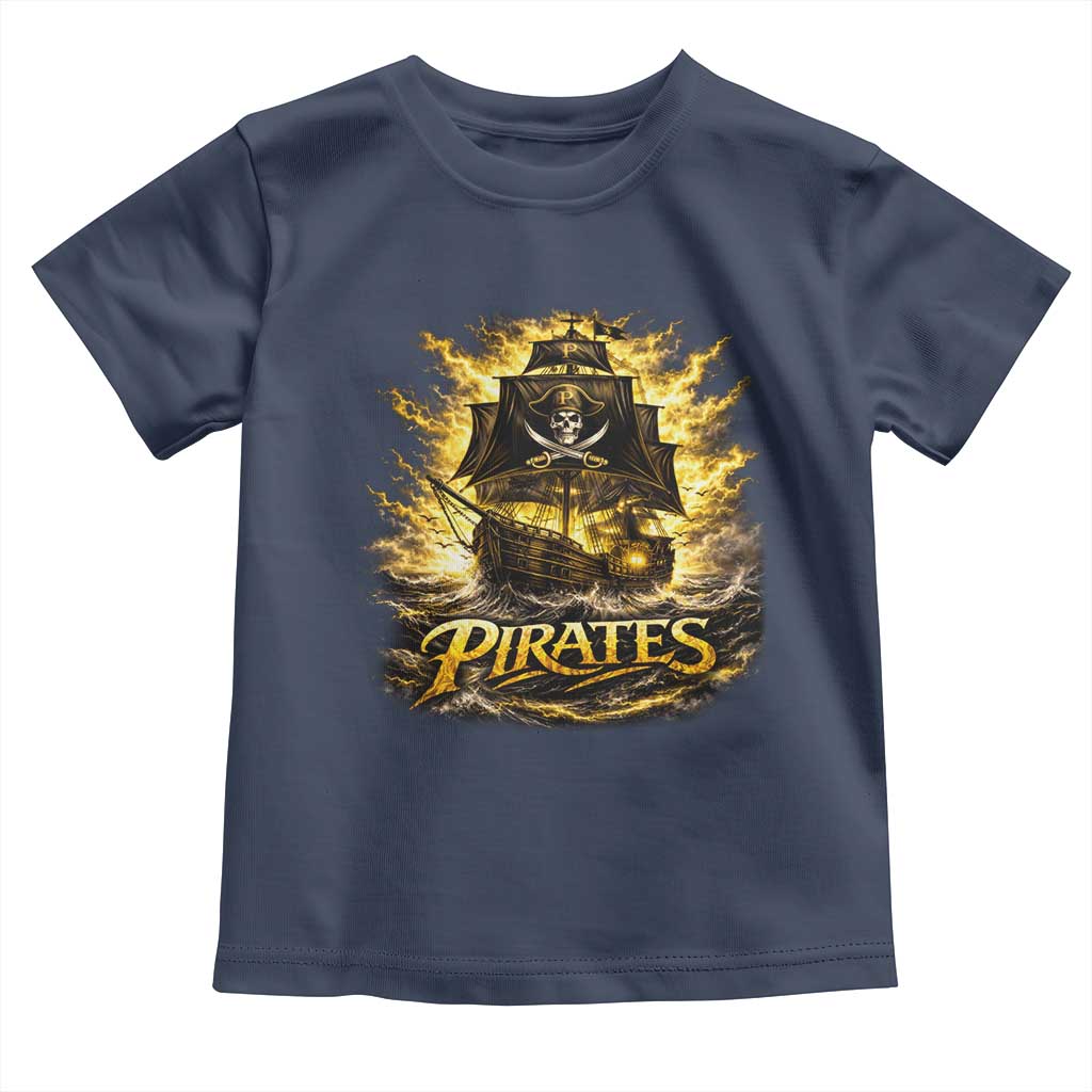Pirate Lovers Toddler T Shirt Vintage Golden Pirate Ship Skull Graphic TS10 Navy Print Your Wear