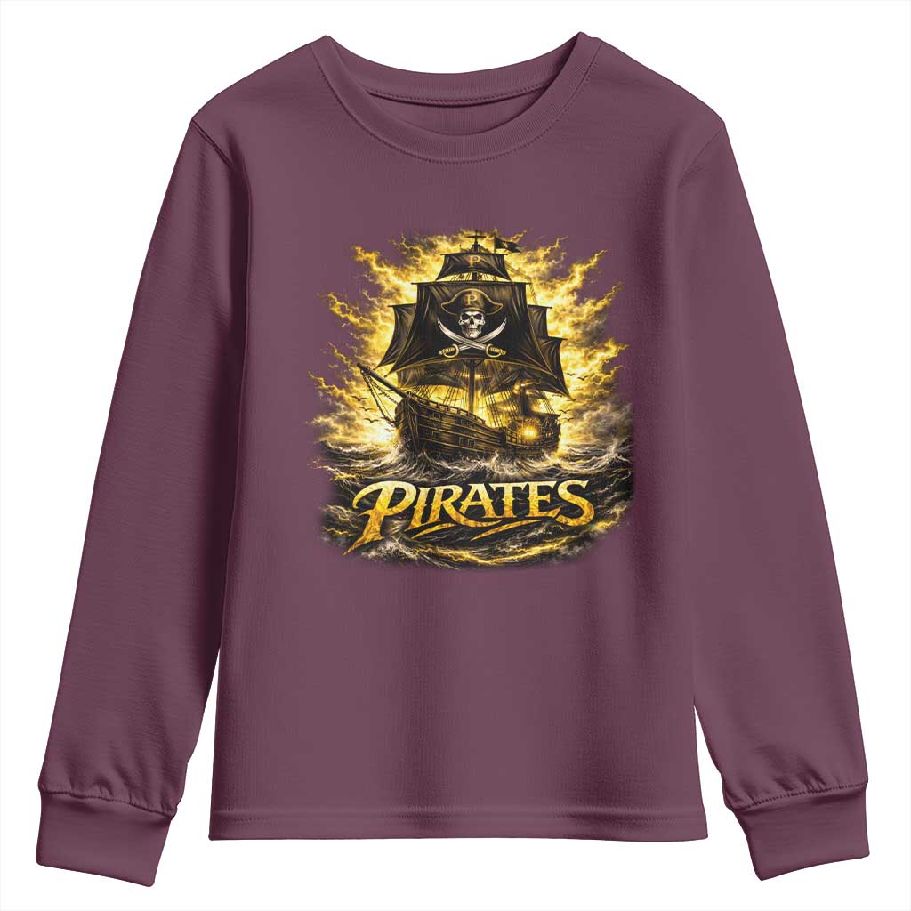Pirate Lovers Youth Sweatshirt Vintage Golden Pirate Ship Skull Graphic TS10 Maroon Print Your Wear