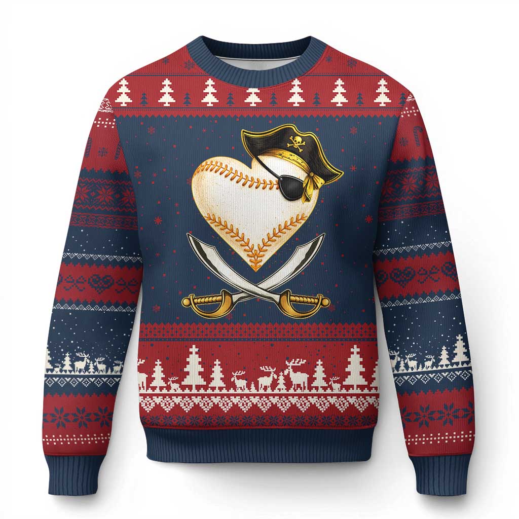 Baseball Pirate Ugly Christmas Sweater Baseball Heart With Skull TS10 Navy Red Print Your Wear
