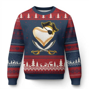 Baseball Pirate Ugly Christmas Sweater Baseball Heart With Skull TS10 Navy Red Print Your Wear