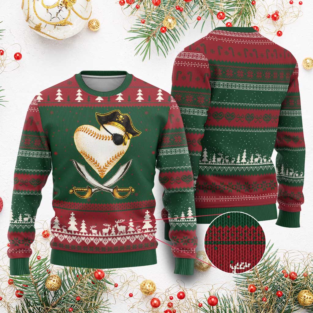 Baseball Pirate Ugly Christmas Sweater Baseball Heart With Skull TS10 Red Green Print Your Wear