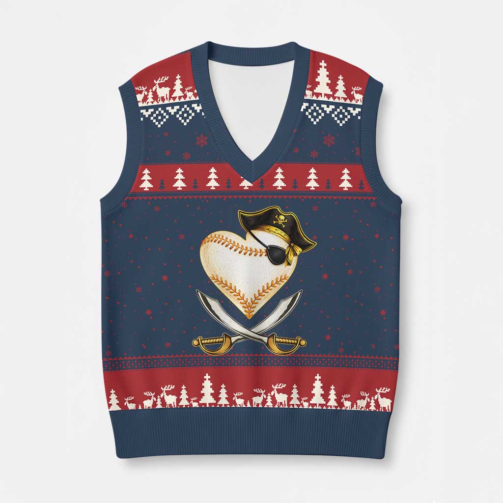 Baseball Pirate V-Neck Knit Sweater Vest Baseball Heart With Skull TS10 Navy Red Print Your Wear