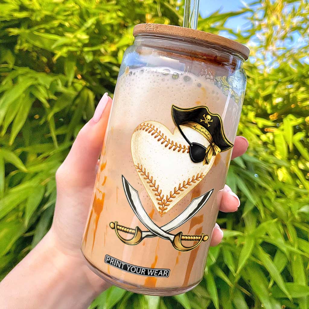 Baseball Pirate Glass Can Baseball Heart With Skull TS10 Black Print Your Wear