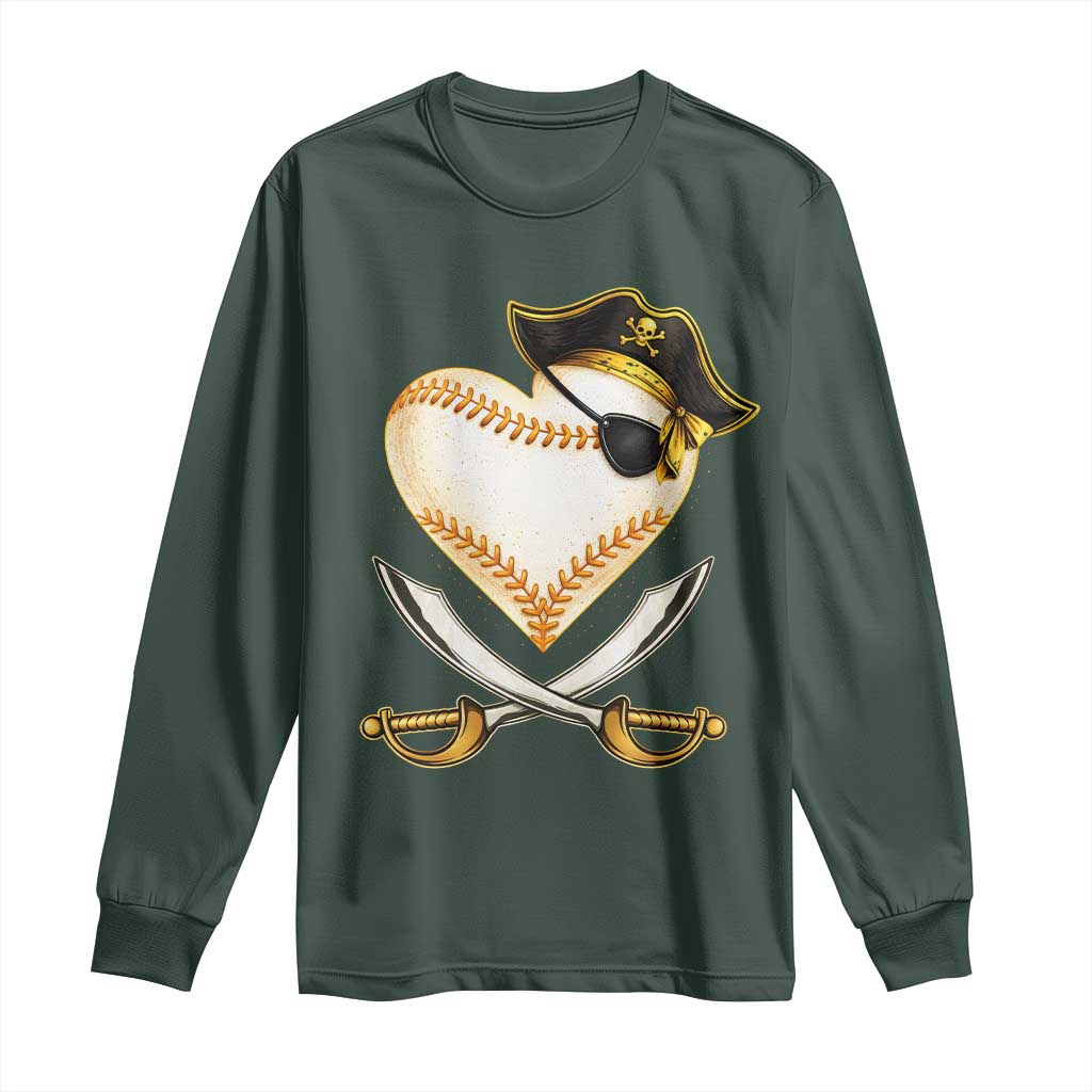Baseball Pirate Long Sleeve Shirt Baseball Heart With Skull TS10 Dark Forest Green Print Your Wear