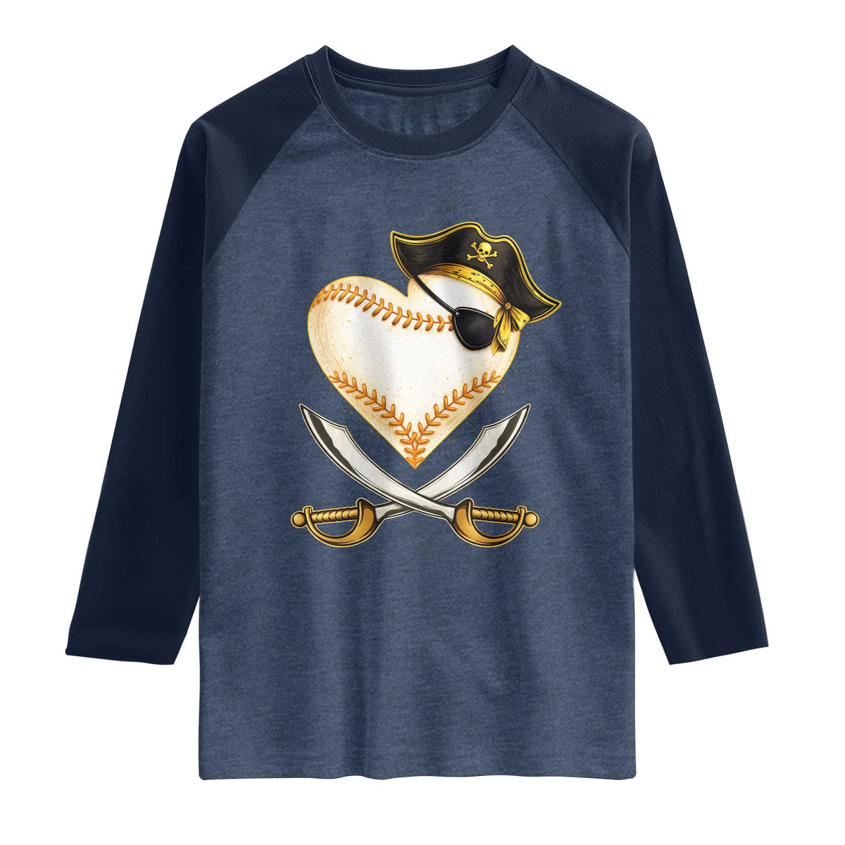 Baseball Pirate Raglan Shirt Baseball Heart With Skull TS10 Heather Denim Navy Print Your Wear