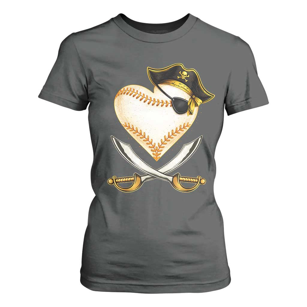 Baseball Pirate T Shirt For Women Baseball Heart With Skull TS10 Dark Heather Print Your Wear