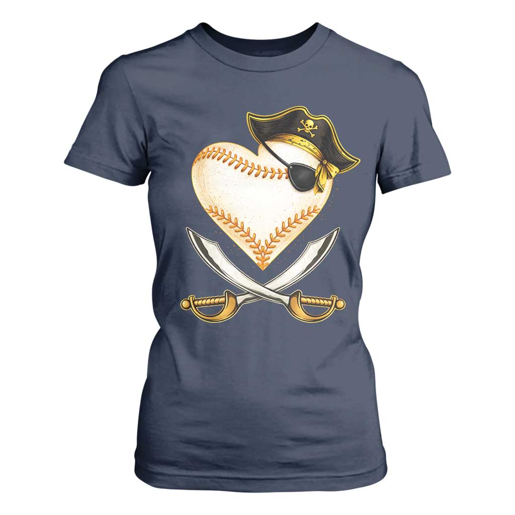 Baseball Pirate T Shirt For Women Baseball Heart With Skull TS10 Navy Print Your Wear