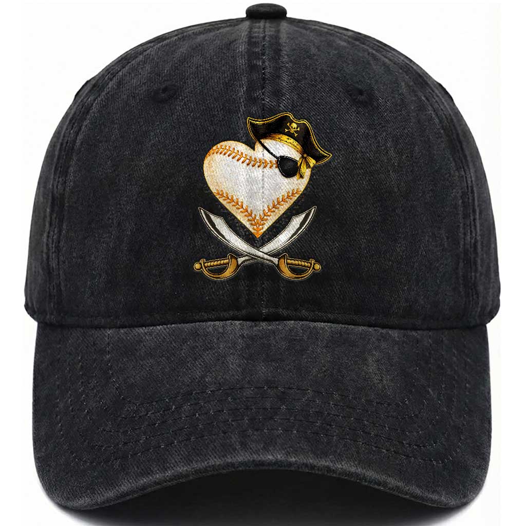Baseball Pirate Washed Cotton Baseball Cap Baseball Heart With Skull TS10 Print Your Wear