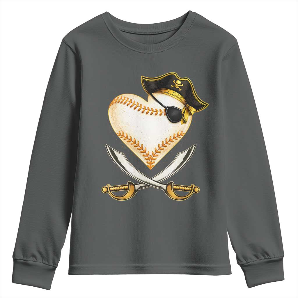 Baseball Pirate Youth Sweatshirt Baseball Heart With Skull TS10 Dark Heather Print Your Wear