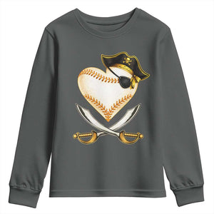 Baseball Pirate Youth Sweatshirt Baseball Heart With Skull TS10 Dark Heather Print Your Wear