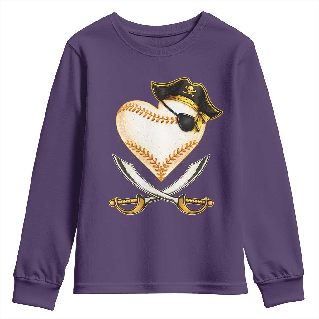 Baseball Pirate Youth Sweatshirt Baseball Heart With Skull TS10 Purple Print Your Wear