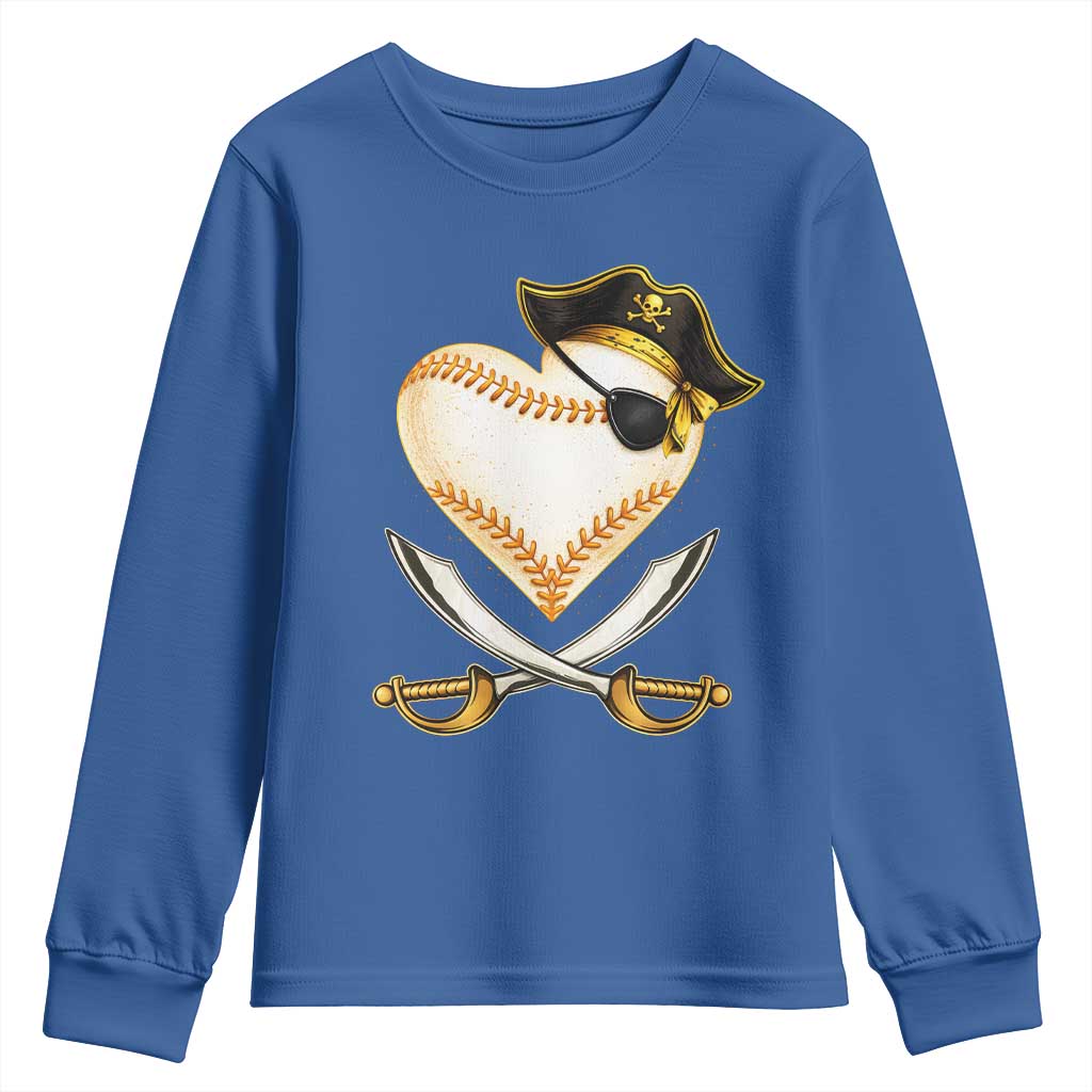 Baseball Pirate Youth Sweatshirt Baseball Heart With Skull TS10 Royal Blue Print Your Wear