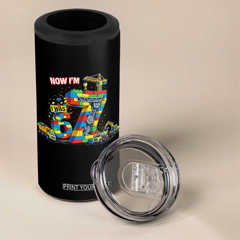Funny 7th Birthday Building Bricks 4 in 1 Can Cooler Tumbler I Was 6 Now Im 7 Kids 67 Birthday Building Six Seven Boy TS10 Print Your Wear