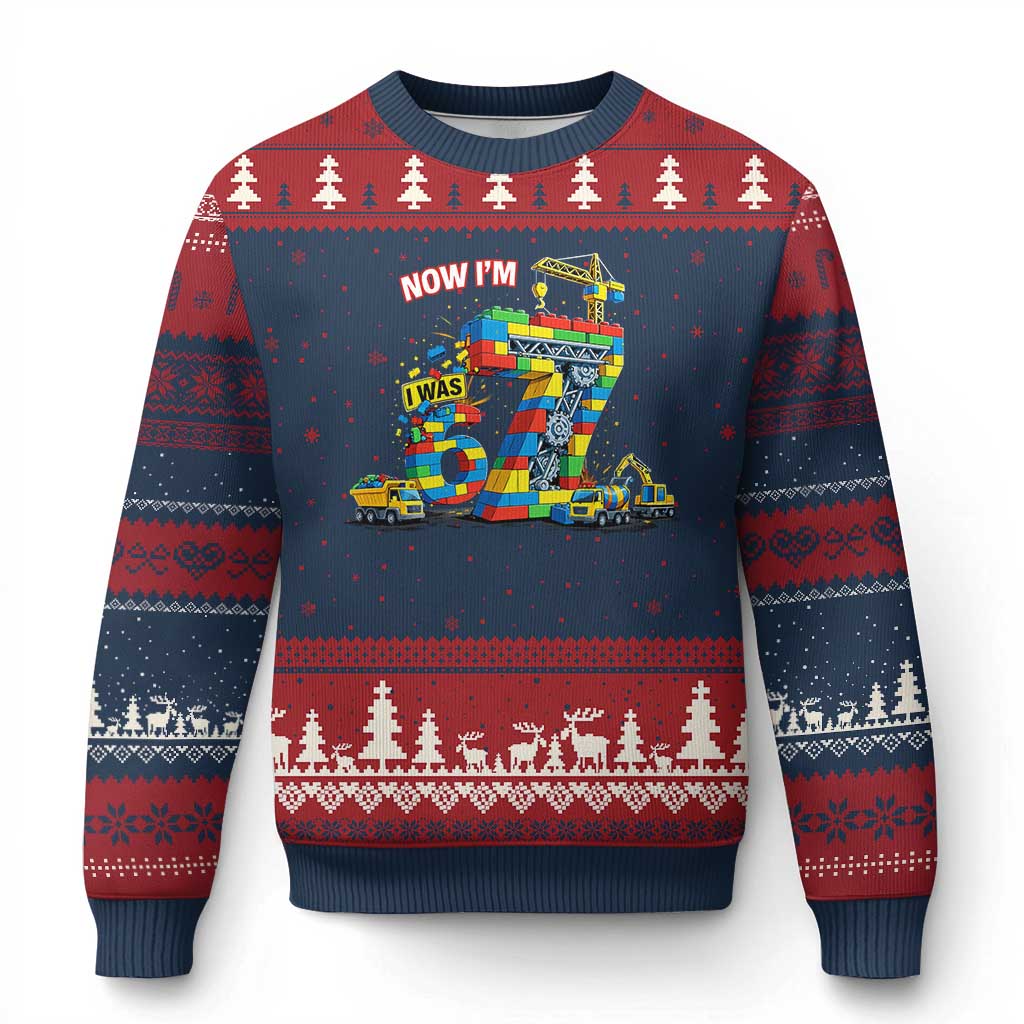Funny 7th Birthday Building Bricks Ugly Christmas Sweater I Was 6 Now Im 7 Kids 67 Birthday Building Six Seven Boy TS10 Navy Red Print Your Wear
