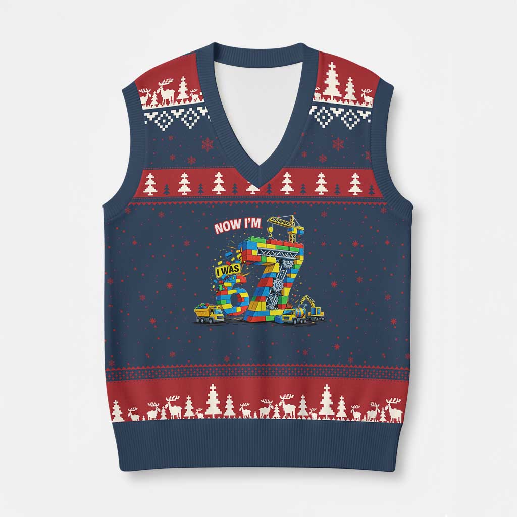Funny 7th Birthday Building Bricks V-Neck Knit Sweater Vest I Was 6 Now Im 7 Kids 67 Birthday Building Six Seven Boy TS10 Navy Red Print Your Wear