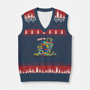 Funny 7th Birthday Building Bricks V-Neck Knit Sweater Vest I Was 6 Now Im 7 Kids 67 Birthday Building Six Seven Boy TS10 Navy Red Print Your Wear