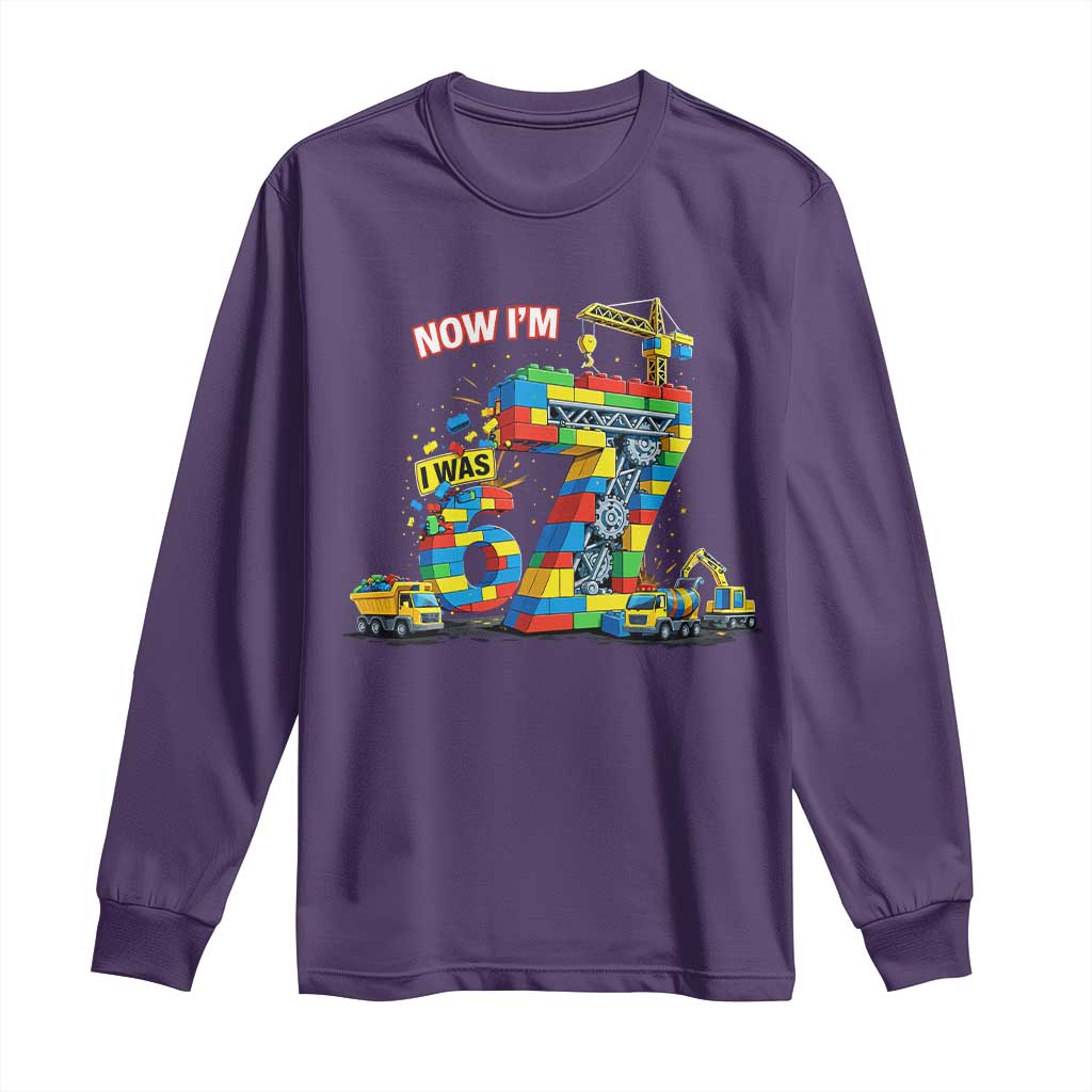 Funny 7th Birthday Building Bricks Long Sleeve Shirt I Was 6 Now Im 7 Kids 67 Birthday Building Six Seven Boy TS10 Purple Print Your Wear