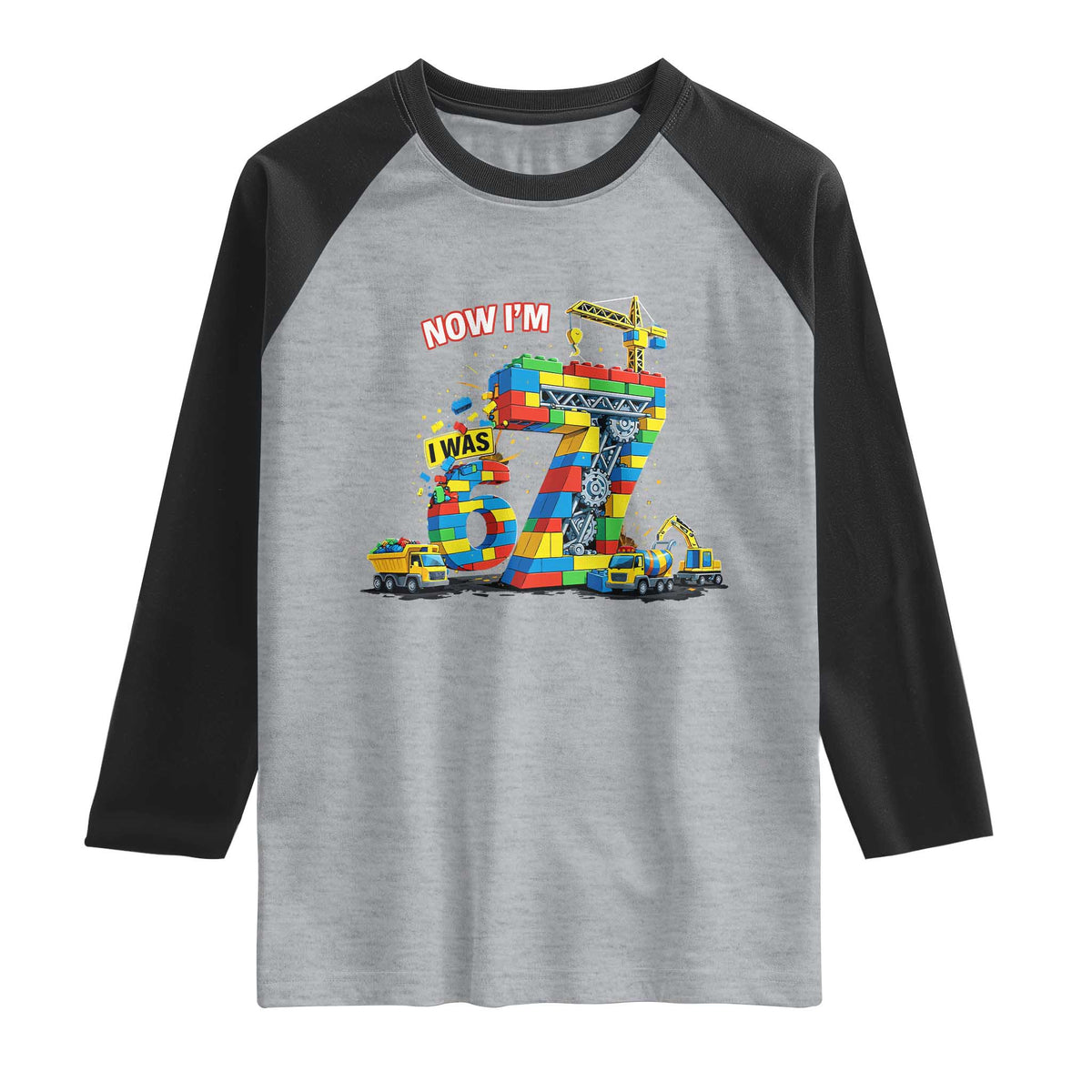 Funny 7th Birthday Building Bricks Raglan Shirt I Was 6 Now Im 7 Kids 67 Birthday Building Six Seven Boy TS10 Heather Gray Black Print Your Wear