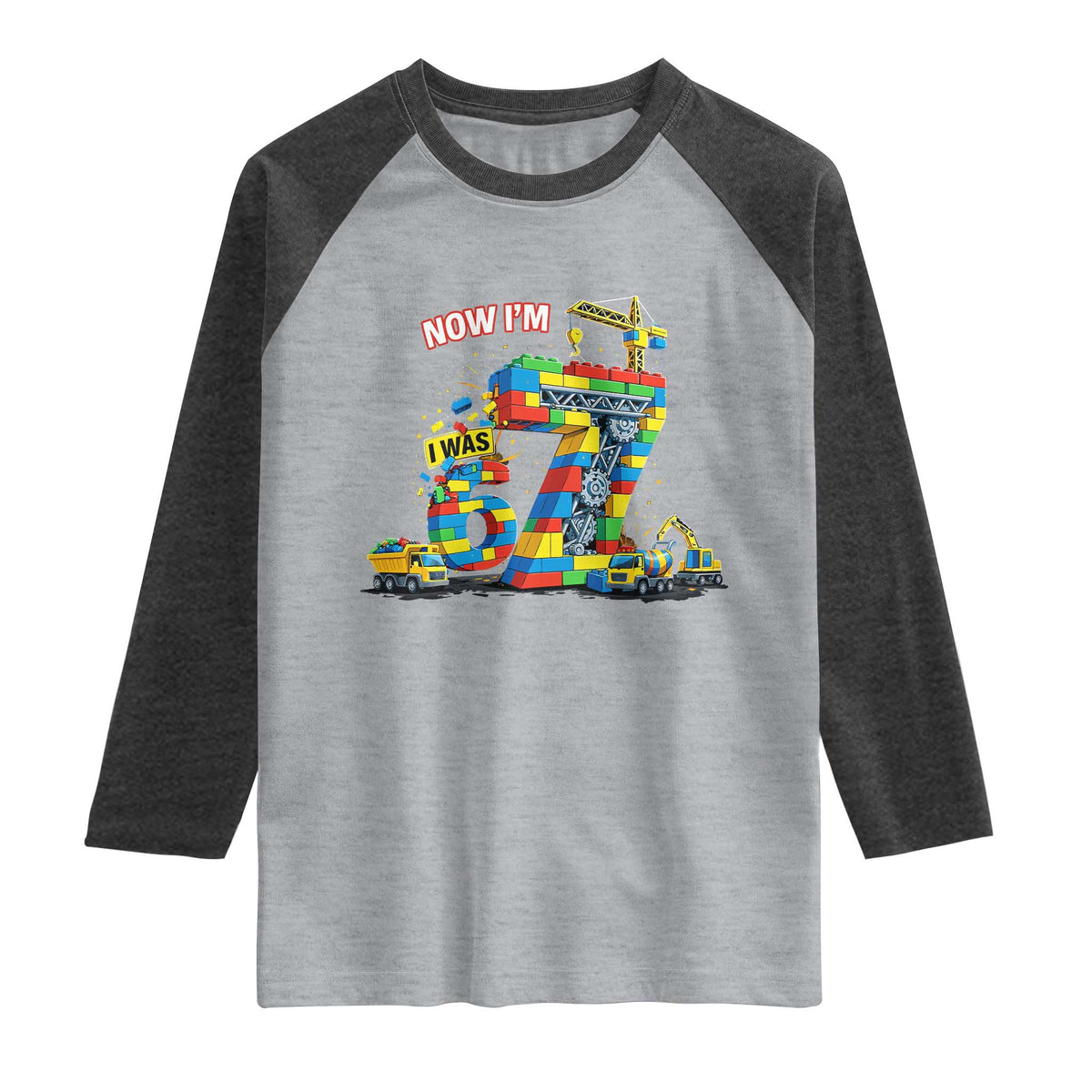 Funny 7th Birthday Building Bricks Raglan Shirt I Was 6 Now Im 7 Kids 67 Birthday Building Six Seven Boy TS10 Heather Gray Heather Charcoal Print Your Wear
