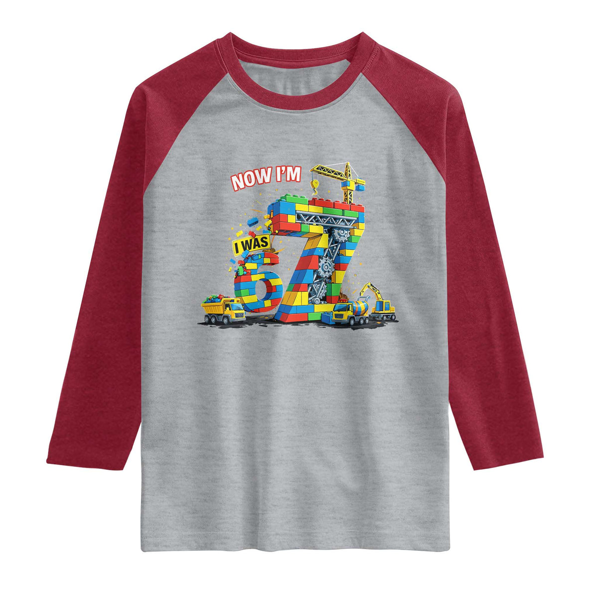 Funny 7th Birthday Building Bricks Raglan Shirt I Was 6 Now Im 7 Kids 67 Birthday Building Six Seven Boy TS10 Heather Gray Heather Red Print Your Wear
