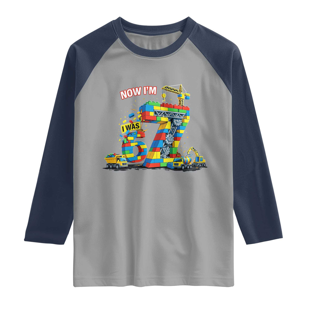 Funny 7th Birthday Building Bricks Raglan Shirt I Was 6 Now Im 7 Kids 67 Birthday Building Six Seven Boy TS10 Sport Gray Navy Print Your Wear