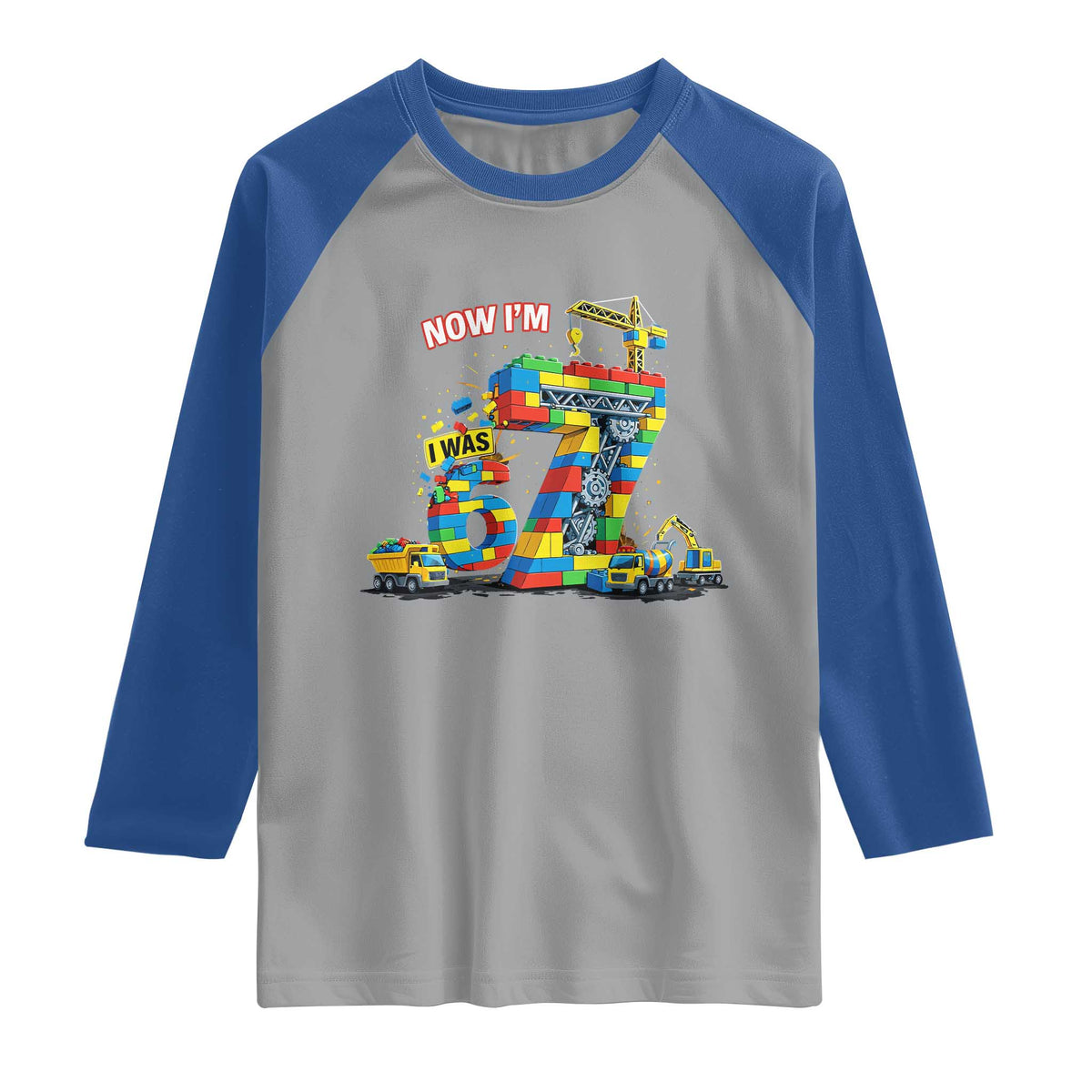 Funny 7th Birthday Building Bricks Raglan Shirt I Was 6 Now Im 7 Kids 67 Birthday Building Six Seven Boy TS10 Sport Gray Royal Print Your Wear