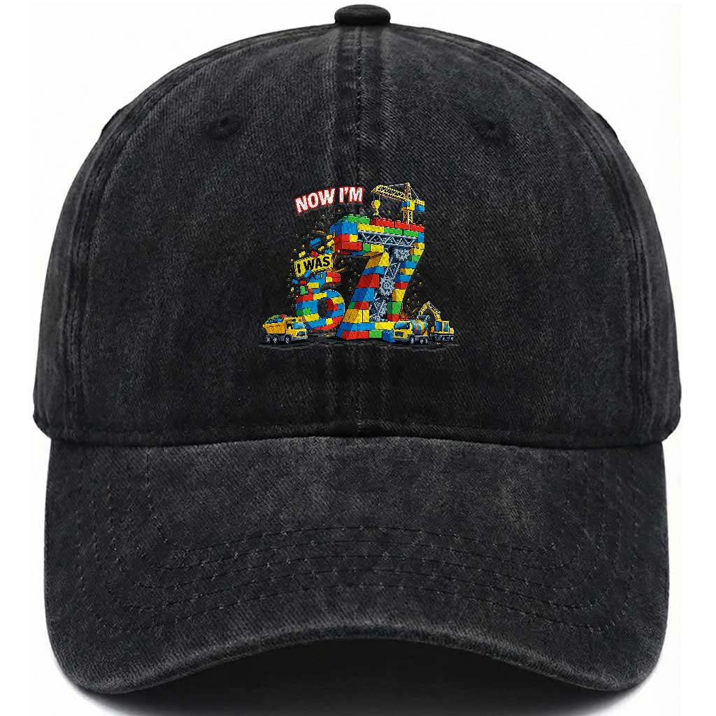 Funny 7th Birthday Building Bricks Washed Cotton Baseball Cap I Was 6 Now Im 7 Kids 67 Birthday Building Six Seven Boy