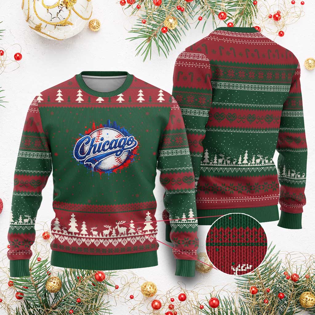 Chicago Pride Dripping Baseball Graphic Ugly Christmas Sweater TS10 Red Green Print Your Wear