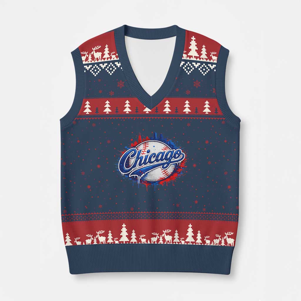 Chicago Pride Dripping Baseball Graphic V-Neck Knit Sweater Vest TS10 Navy Red Print Your Wear