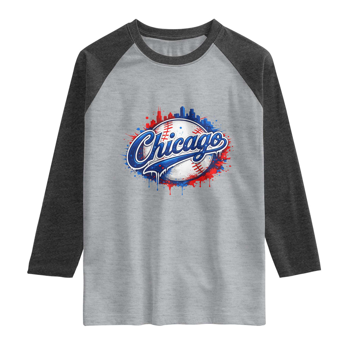 Chicago Pride Dripping Baseball Graphic Raglan Shirt TS10 Heather Gray Heather Charcoal Print Your Wear