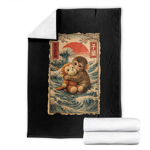 Kawaii Baby Monkey Punch Throw Blanket Vintage Japanese Graphic Cute Macaque Ukiyo-e TS10 Black Print Your Wear