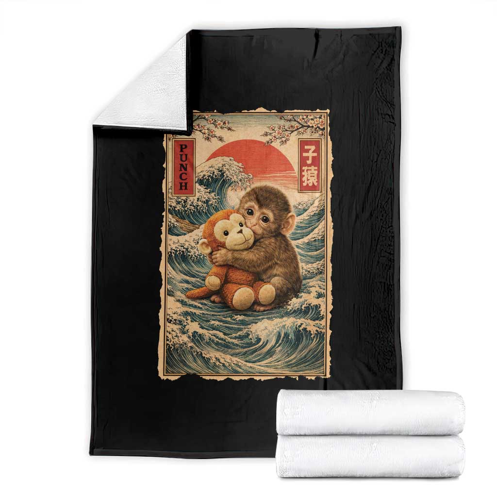 Kawaii Baby Monkey Punch Throw Blanket Vintage Japanese Graphic Cute Macaque Ukiyo-e TS10 Black Print Your Wear