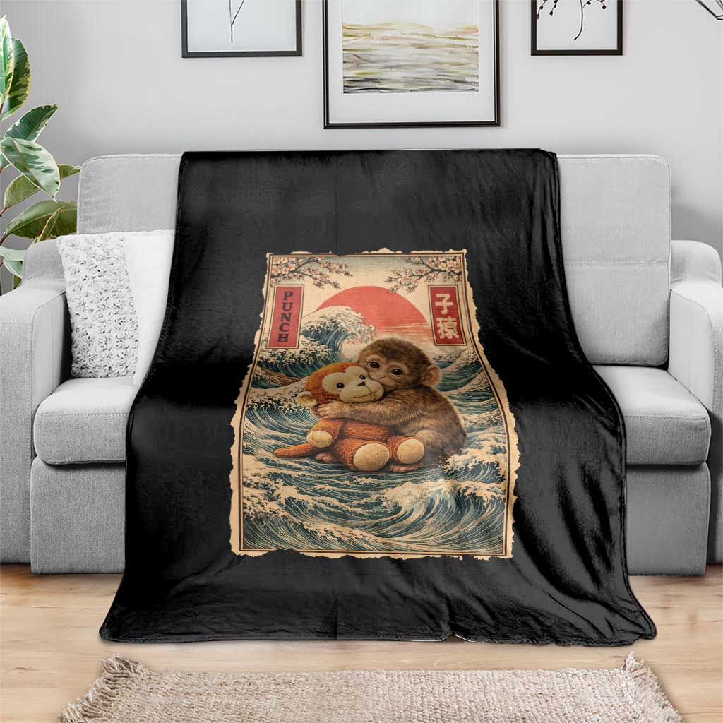 Kawaii Baby Monkey Punch Throw Blanket Vintage Japanese Graphic Cute Macaque Ukiyo-e TS10 Print Your Wear