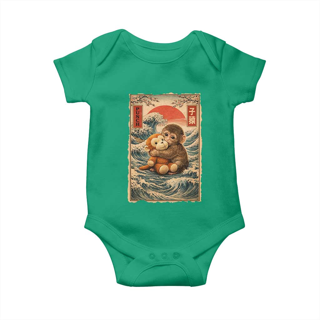 Kawaii Baby Monkey Punch Baby Onesie Vintage Japanese Graphic Cute Macaque Ukiyo-e TS10 Irish Green Print Your Wear