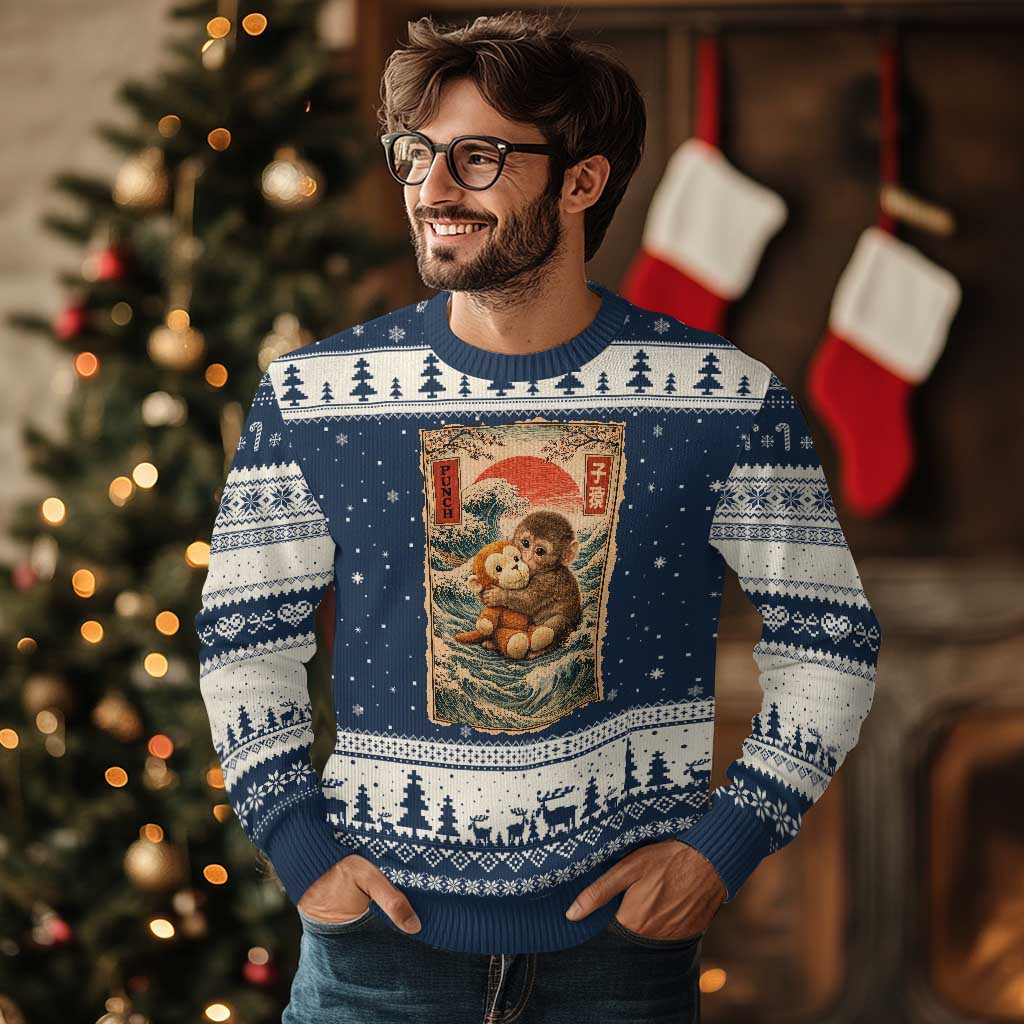 Kawaii Baby Monkey Punch Ugly Christmas Sweater Vintage Japanese Graphic Cute Macaque Ukiyo-e TS10 Navy Beige Print Your Wear