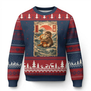Kawaii Baby Monkey Punch Ugly Christmas Sweater Vintage Japanese Graphic Cute Macaque Ukiyo-e TS10 Navy Red Print Your Wear