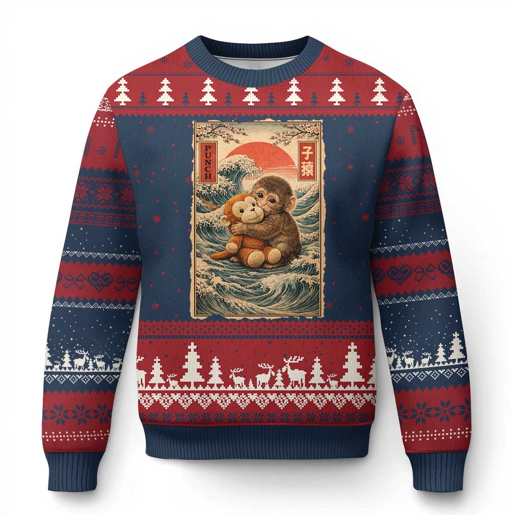 Kawaii Baby Monkey Punch Ugly Christmas Sweater Vintage Japanese Graphic Cute Macaque Ukiyo-e TS10 Navy Red Print Your Wear