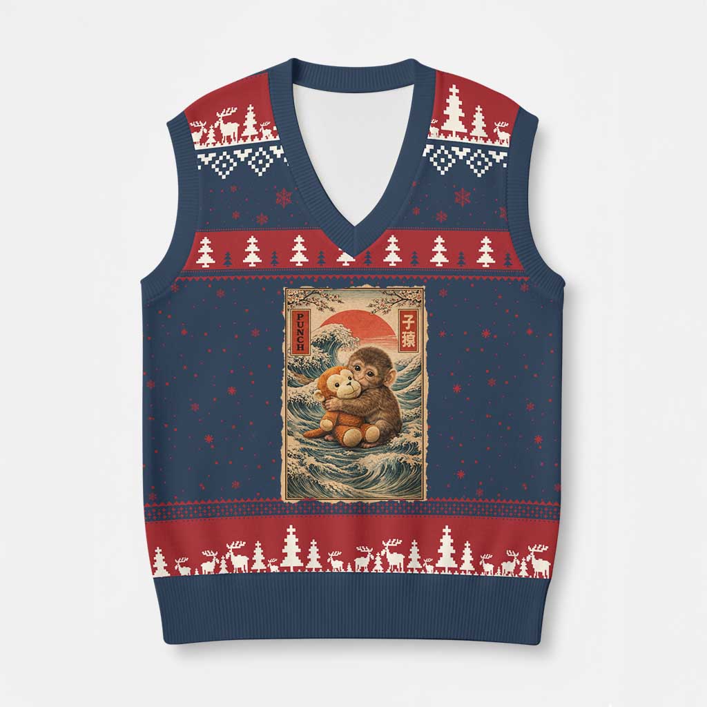Kawaii Baby Monkey Punch V-Neck Knit Sweater Vest Vintage Japanese Graphic Cute Macaque Ukiyo-e TS10 Navy Red Print Your Wear