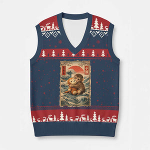 Kawaii Baby Monkey Punch V-Neck Knit Sweater Vest Vintage Japanese Graphic Cute Macaque Ukiyo-e TS10 Navy Red Print Your Wear