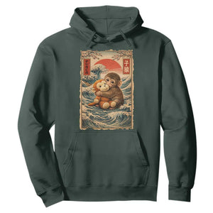 Kawaii Baby Monkey Punch Hoodie Vintage Japanese Graphic Cute Macaque Ukiyo-e TS10 Dark Forest Green Print Your Wear