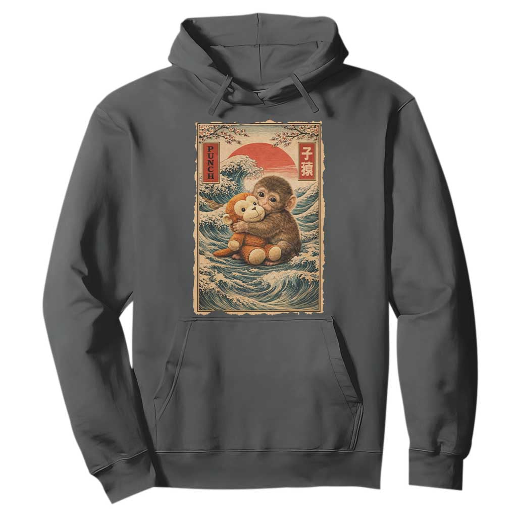 Kawaii Baby Monkey Punch Hoodie Vintage Japanese Graphic Cute Macaque Ukiyo-e TS10 Dark Heather Print Your Wear