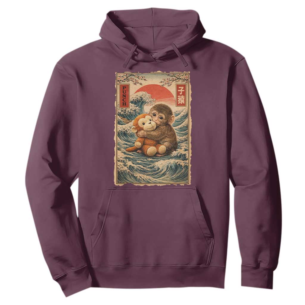 Kawaii Baby Monkey Punch Hoodie Vintage Japanese Graphic Cute Macaque Ukiyo-e TS10 Maroon Print Your Wear