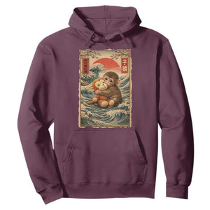 Kawaii Baby Monkey Punch Hoodie Vintage Japanese Graphic Cute Macaque Ukiyo-e TS10 Maroon Print Your Wear