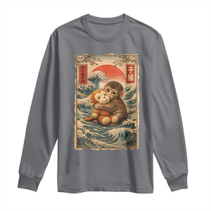 Kawaii Baby Monkey Punch Long Sleeve Shirt Vintage Japanese Graphic Cute Macaque Ukiyo-e TS10 Charcoal Print Your Wear
