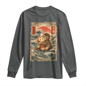 Kawaii Baby Monkey Punch Long Sleeve Shirt Vintage Japanese Graphic Cute Macaque Ukiyo-e TS10 Dark Heather Print Your Wear