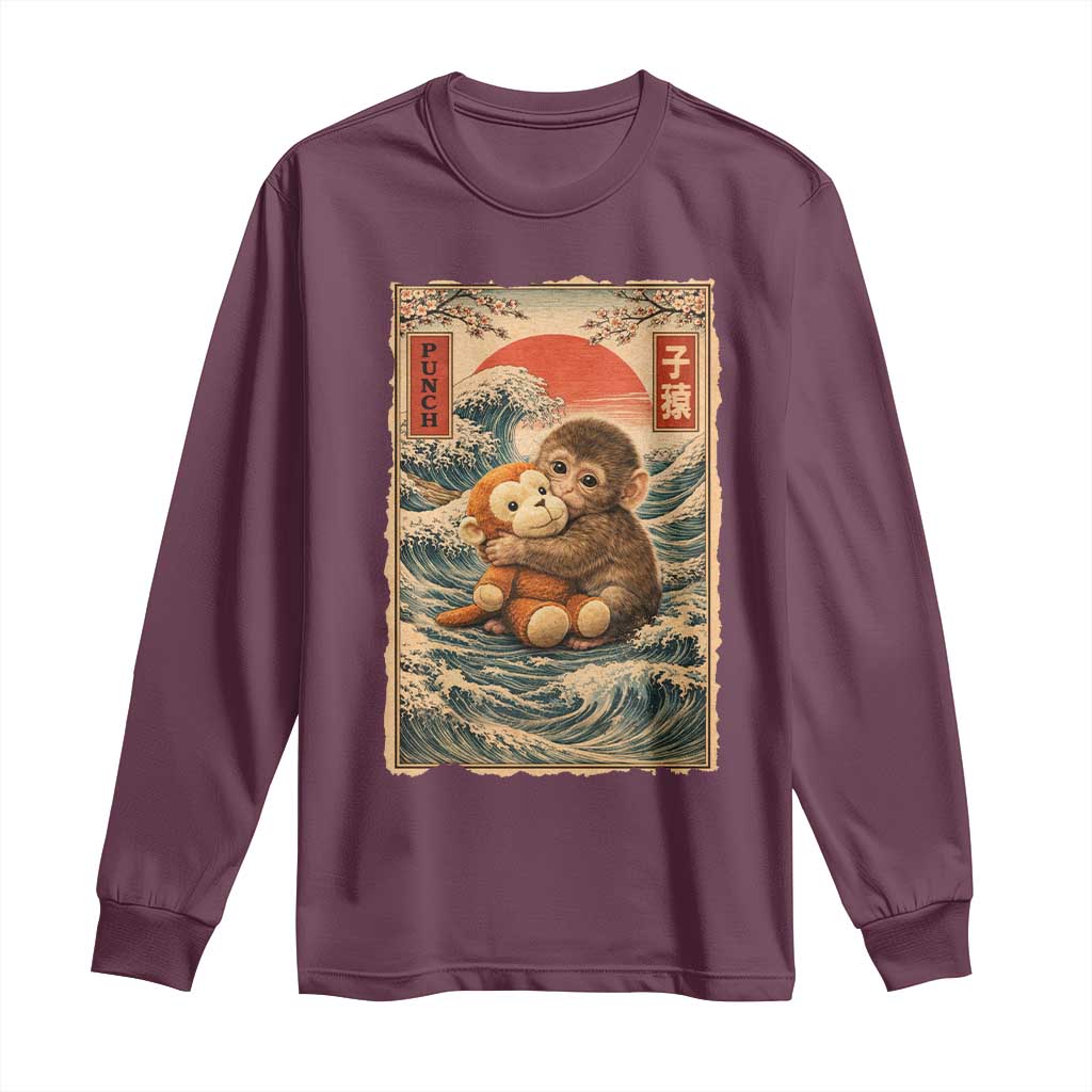 Kawaii Baby Monkey Punch Long Sleeve Shirt Vintage Japanese Graphic Cute Macaque Ukiyo-e TS10 Maroon Print Your Wear