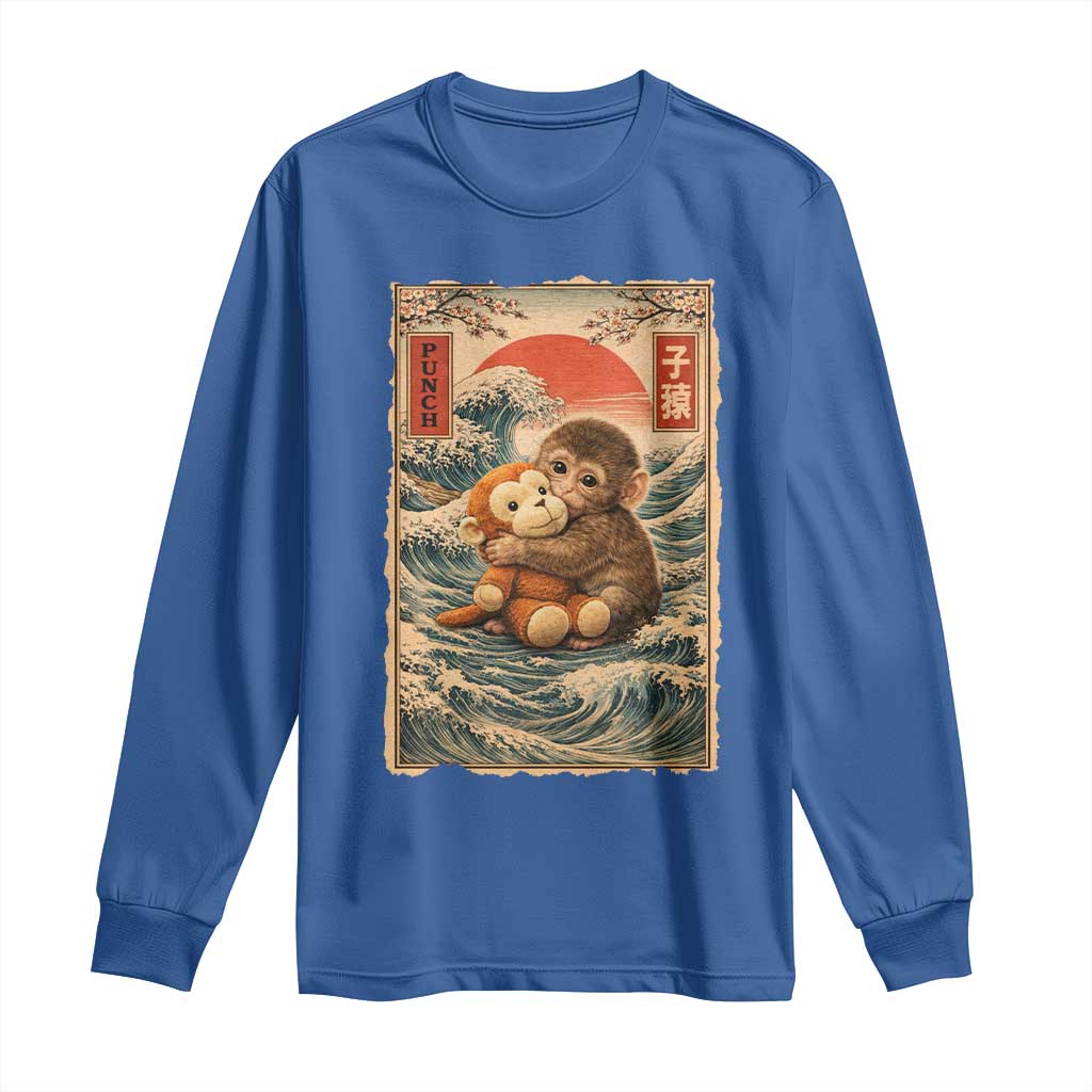 Kawaii Baby Monkey Punch Long Sleeve Shirt Vintage Japanese Graphic Cute Macaque Ukiyo-e TS10 Royal Blue Print Your Wear