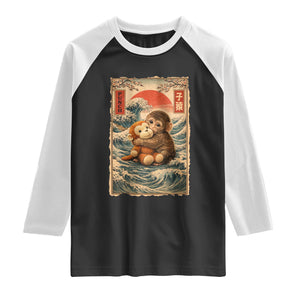 Kawaii Baby Monkey Punch Raglan Shirt Vintage Japanese Graphic Cute Macaque Ukiyo-e TS10 Black White Print Your Wear