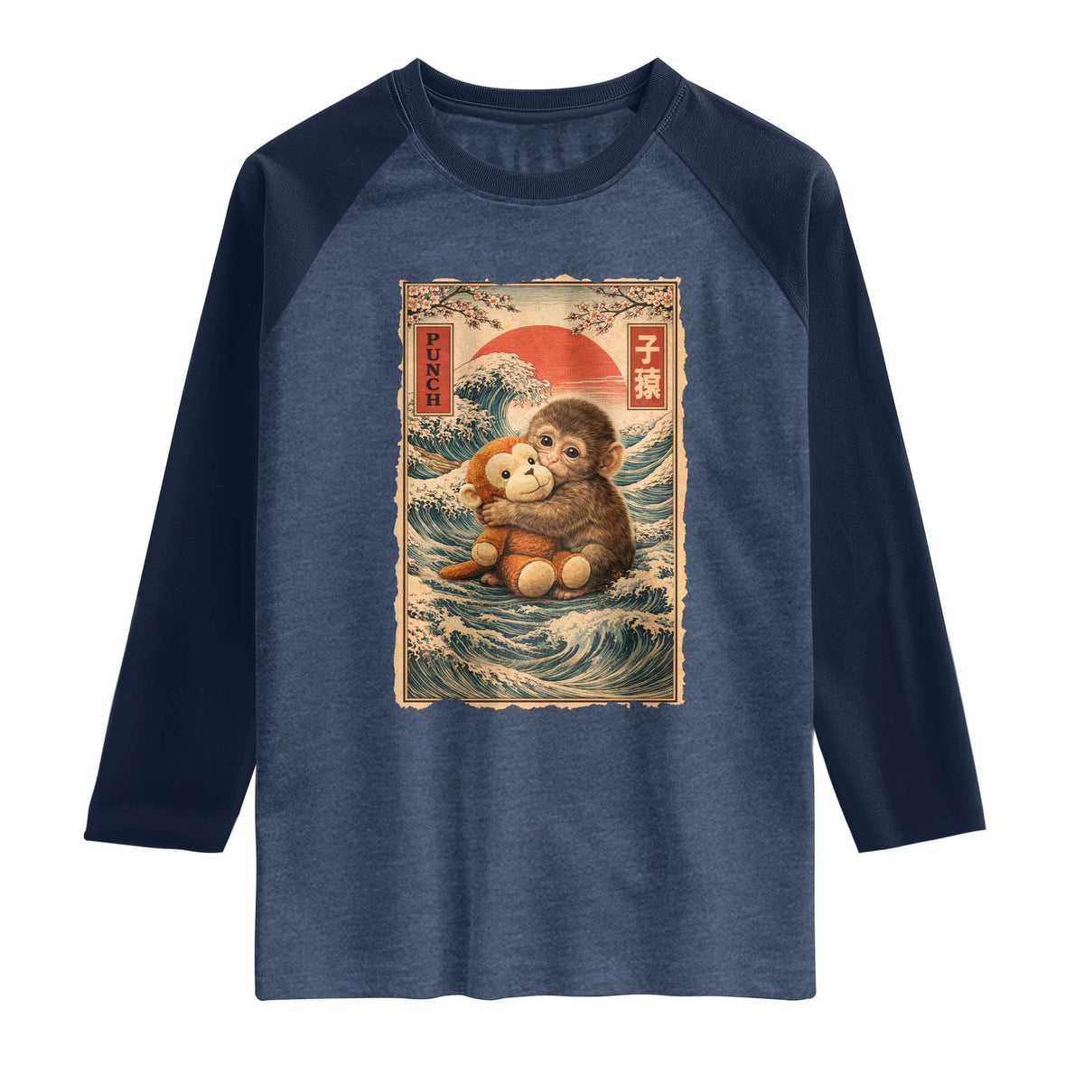 Kawaii Baby Monkey Punch Raglan Shirt Vintage Japanese Graphic Cute Macaque Ukiyo-e TS10 Heather Denim Navy Print Your Wear