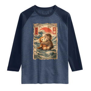 Kawaii Baby Monkey Punch Raglan Shirt Vintage Japanese Graphic Cute Macaque Ukiyo-e TS10 Heather Denim Navy Print Your Wear